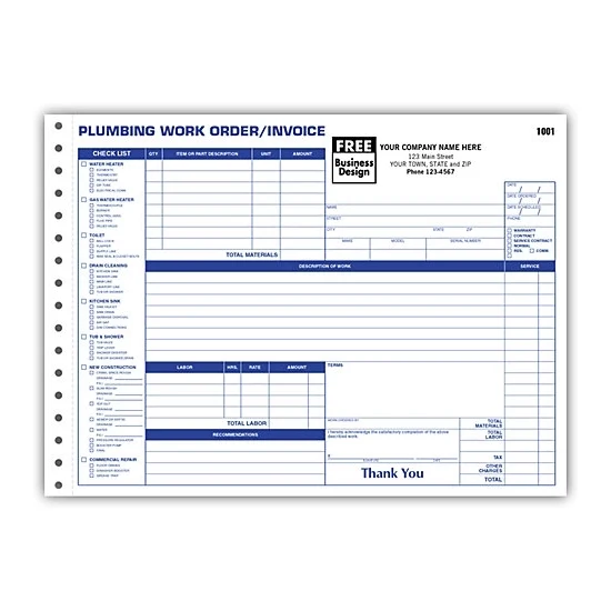 Plumbing Work Orders / Invoices, Side-Stub, Horizontal 1