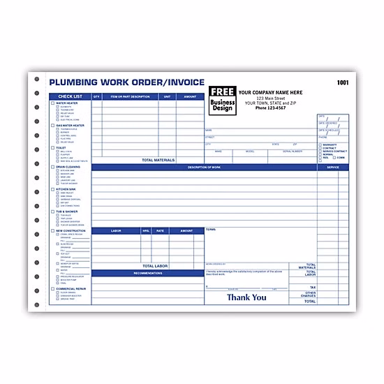 Plumbing Work Orders / Invoices, Side-Stub, Horizontal