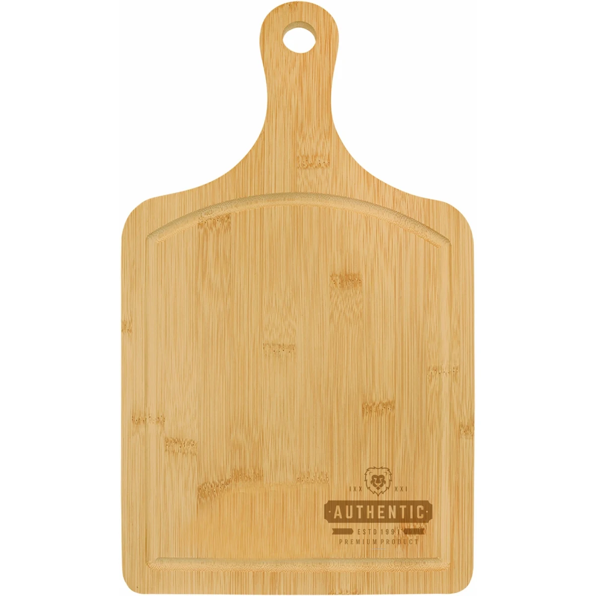 15 1/2" x 9" Bamboo Cutting Board Paddle Shape with Drip Ring 1
