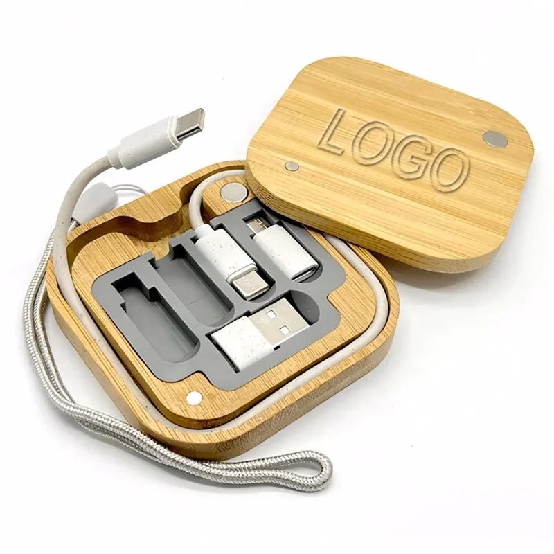 Square Bamboo 4 in 1 Multi-Charging Cable box Connector