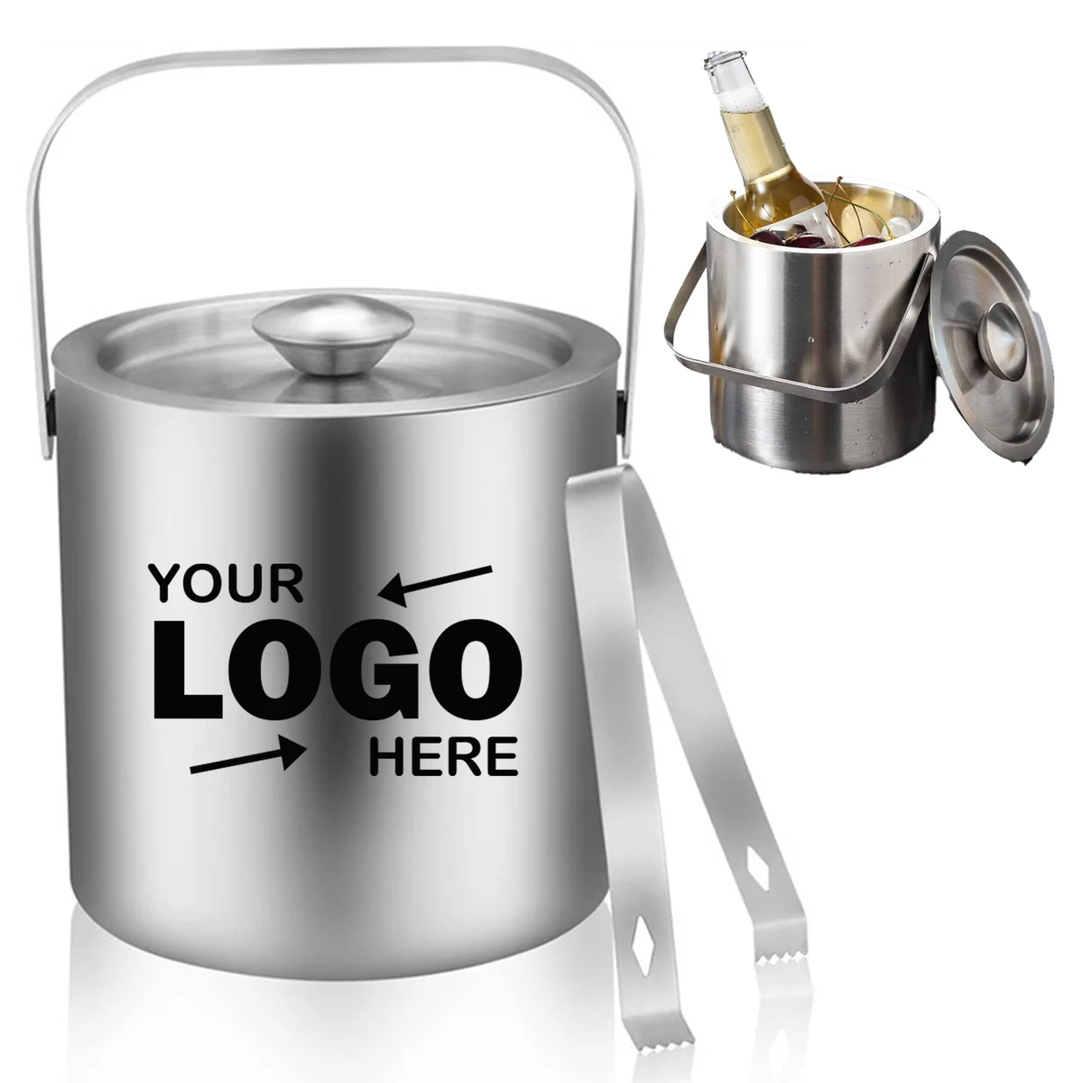 Customizable 304 Stainless Steel Insulated Ice Bucket with Tongs Set 1