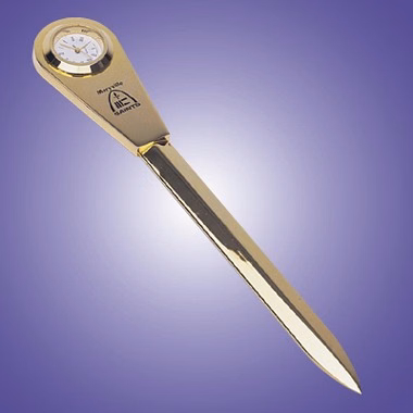 GOLD PLATED BRASS LETER OPENER WITH CLOCK