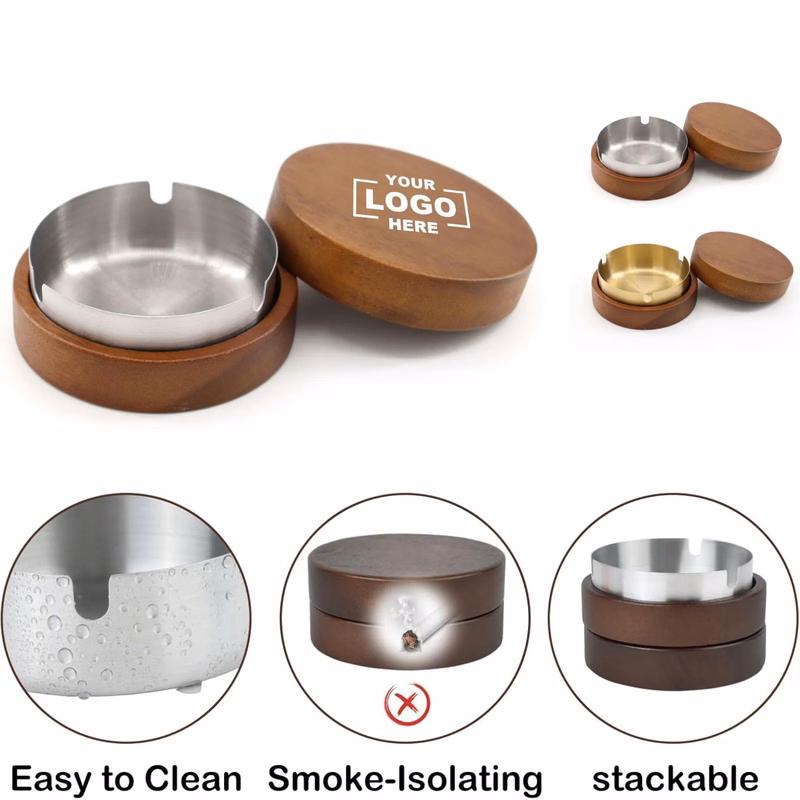 Solid Wood Lid Stainless Steel Office Ashtray