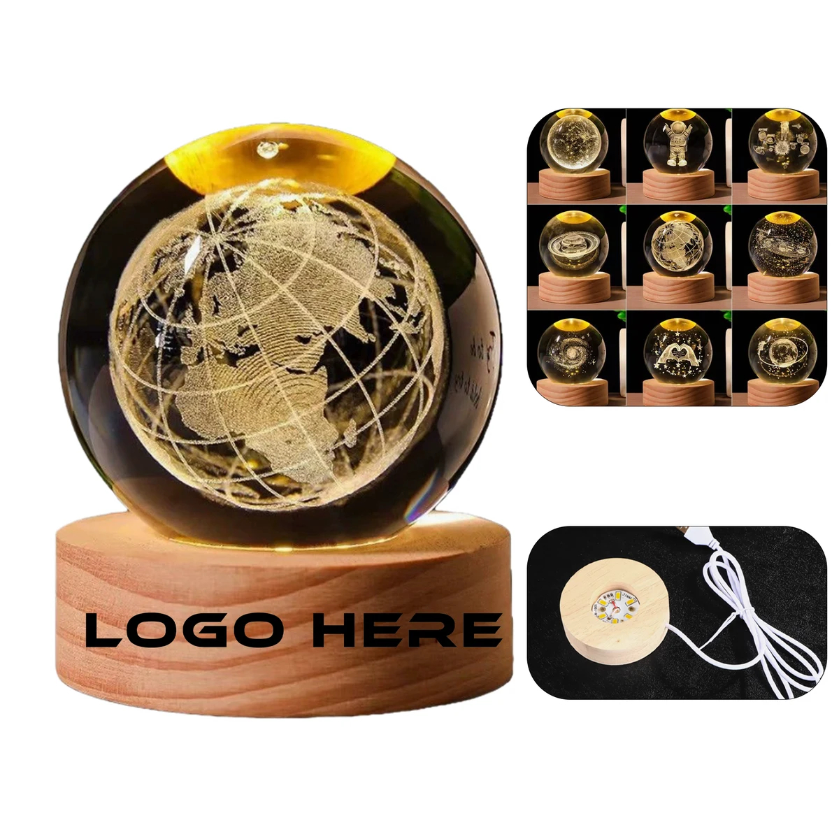 Customizable Crystal Globe with LED Wooden Base 1