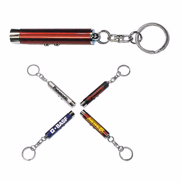Dual function laser pointer and super bright LED flashlight with keychain.