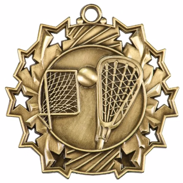 2 1/4" Ten Star Antique Finish Medal-Lacrosse