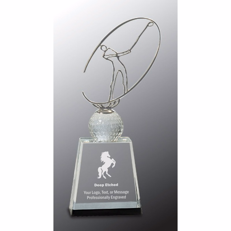 11" Clear/Black Crystal Golf Award with Silver Metal Oval Figure
