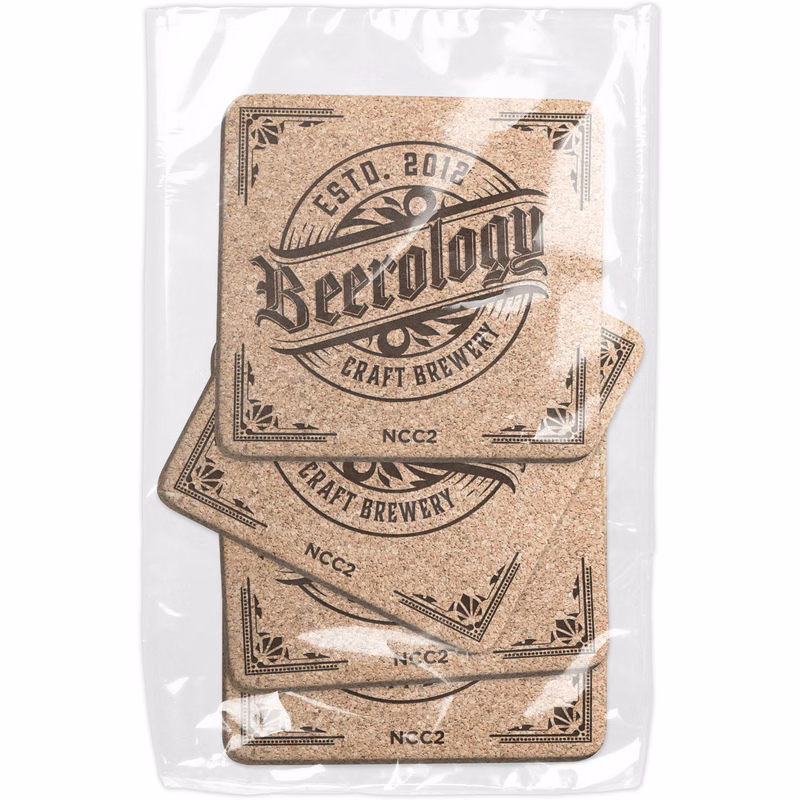Set of 4 Natural Cork Coasters 3/16" thick, Square (3.5" x 3.5"), Laser engraved Polybagged