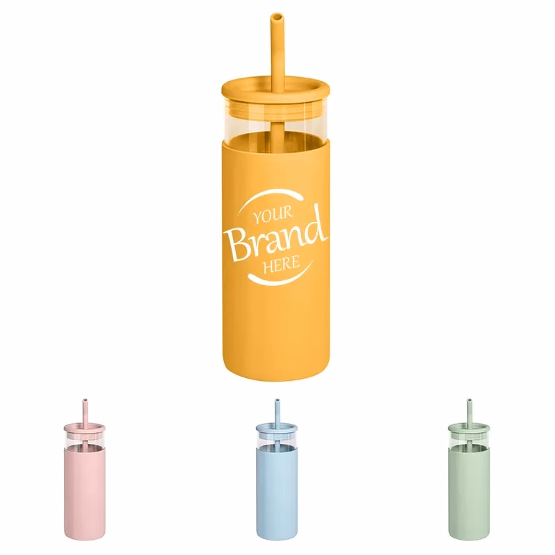 Glass Tumbler With Straw And Silicone Sleeves