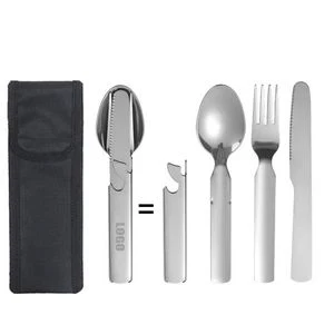 5 in 1 Stainless Steel Spoon Fork Knife Survival Tool With Pouch 1