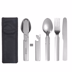 5 in 1 Stainless Steel Spoon Fork Knife Survival Tool With Pouch