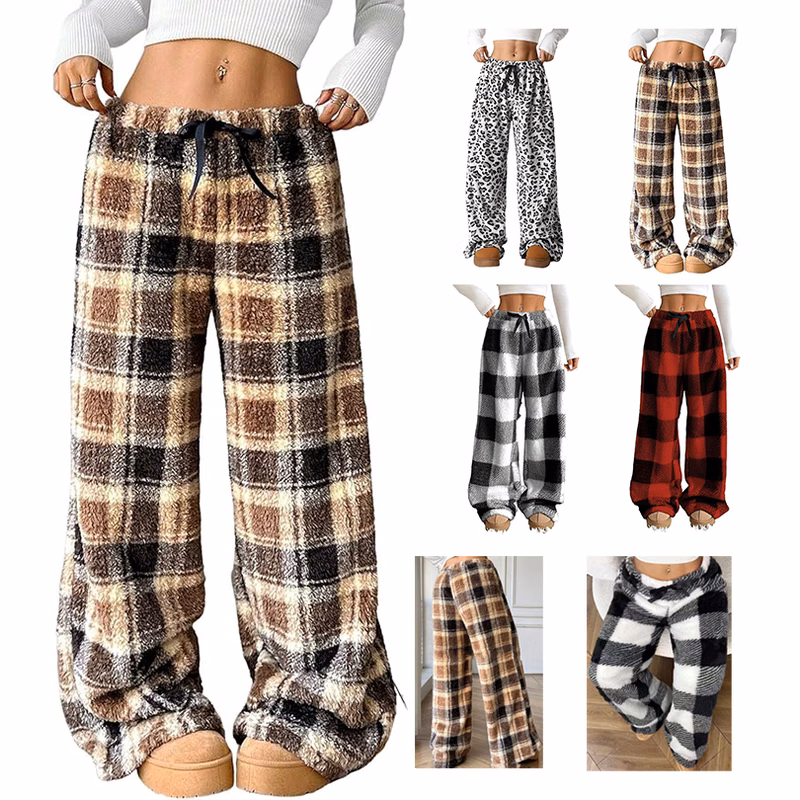 Womens Fall Plush Plaid Pajama Pants Fleece Warm