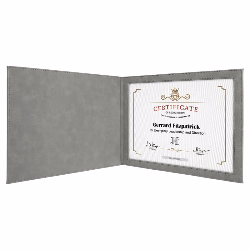 9" x 12" Gray Leatherette Certificate Holder for 8 1/2" x 11"