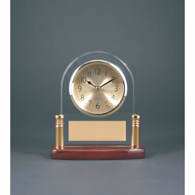 6.5" Arch Glass Desk Clock With Metal Posts & Rosewood Piano Finish