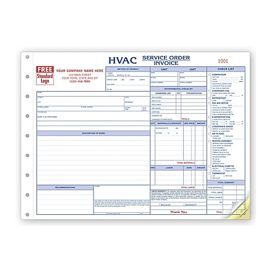 HVAC Service Orders / Invoices, Side Stubs, Horizontal 1