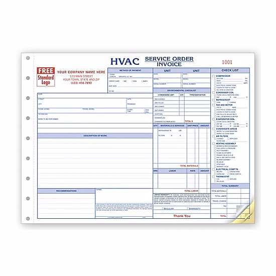 HVAC Service Orders / Invoices, Side Stubs, Horizontal