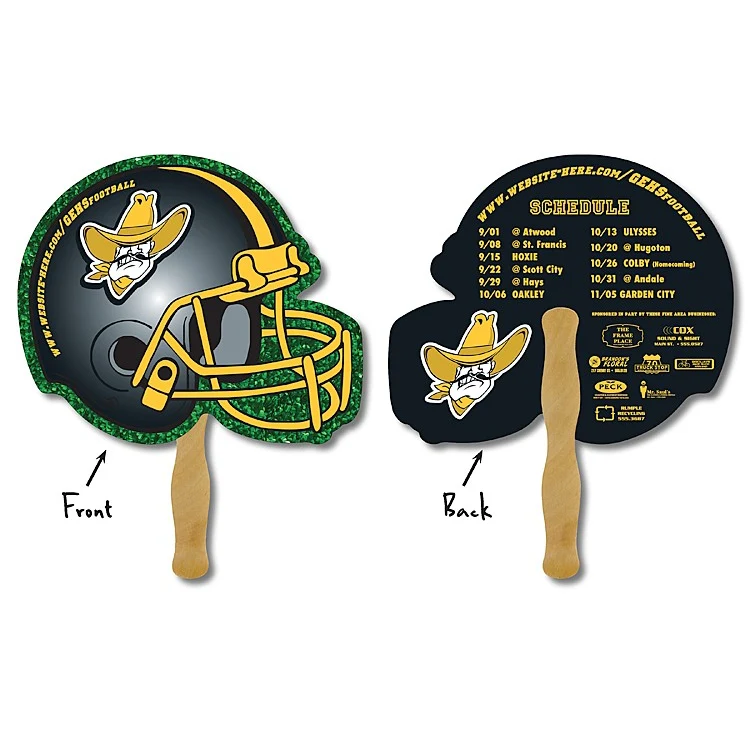 School Hand Fan - 10 x 8.5 Football Helmet Shaped Laminated - 14 pt. 1