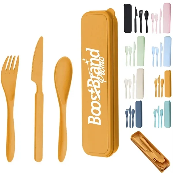 Custom Wheat Straw 3 Piece Portable Utensil Set with Case — Sustainable Lunch Kit 1