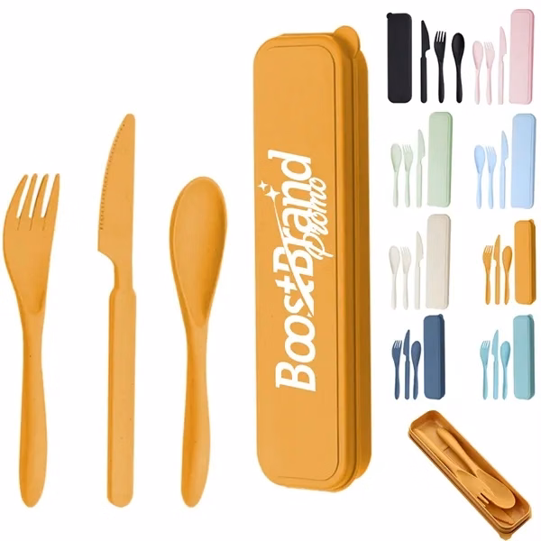 Custom Wheat Straw 3 Piece Portable Utensil Set with Case — Sustainable Lunch Kit