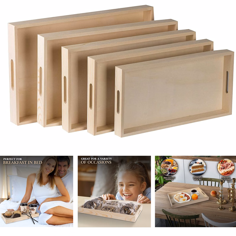 Five Piece Set of Rectangular Shape Wood Trays