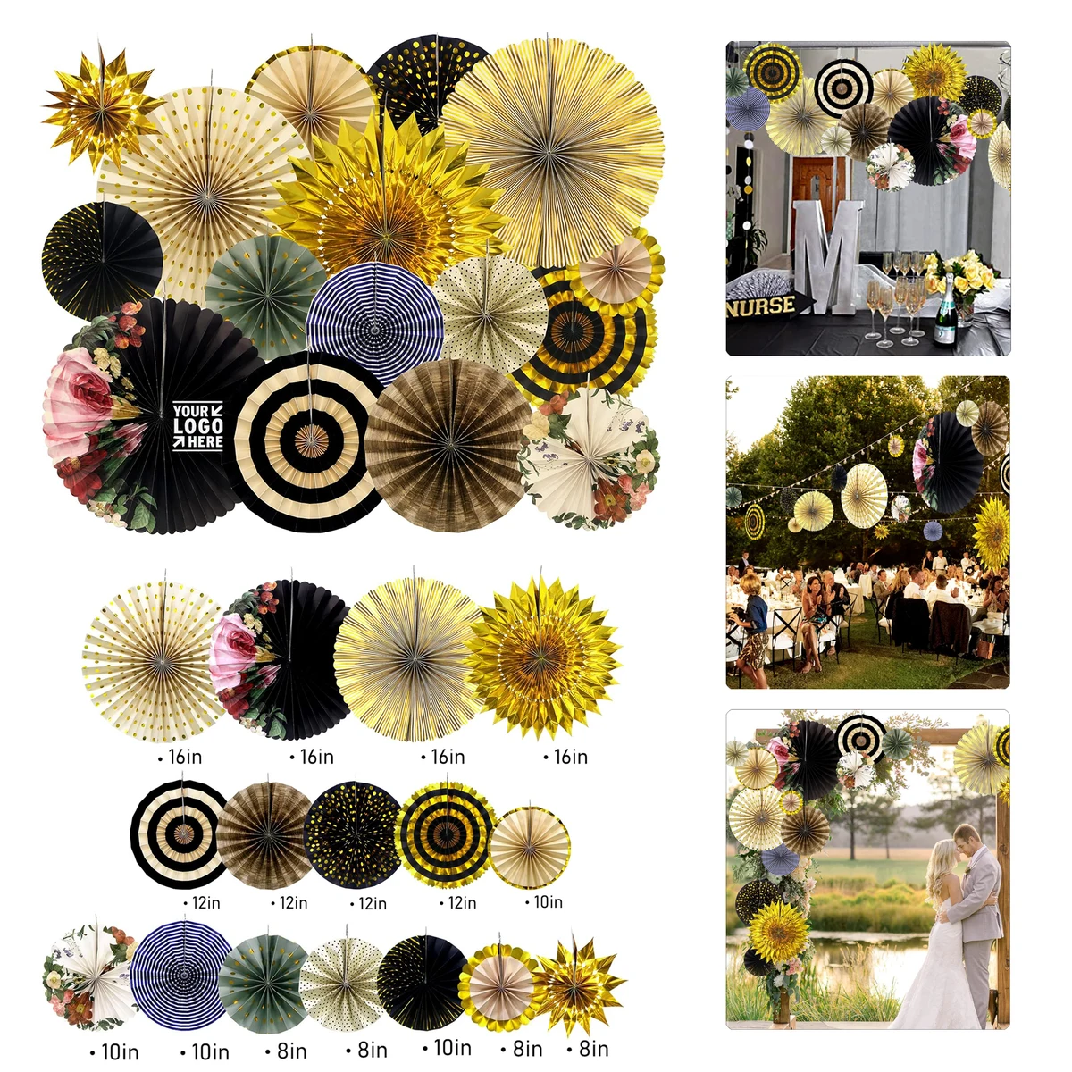 Party Hanging Paper Fans Set Black Gold Round Pattern Garlands Decoration 1