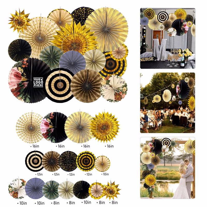 Party Hanging Paper Fans Set Black Gold Round Pattern Garlands Decoration