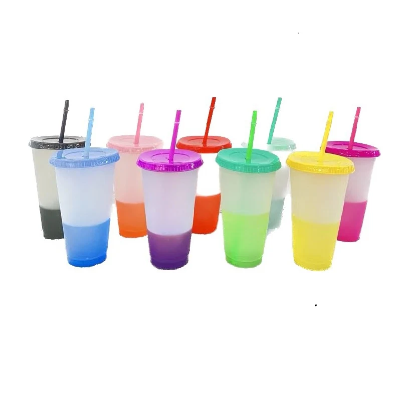 24oz Reusable Plastic Color Changing Cup With Lid & Straw 1