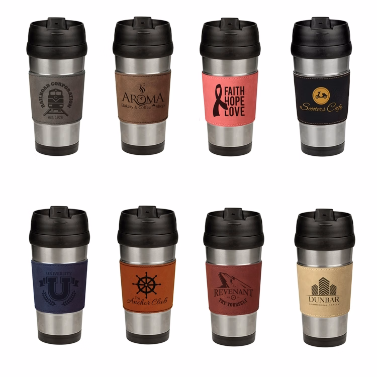 16oz Laserable Leatherette Stainless Steel Travel Mug