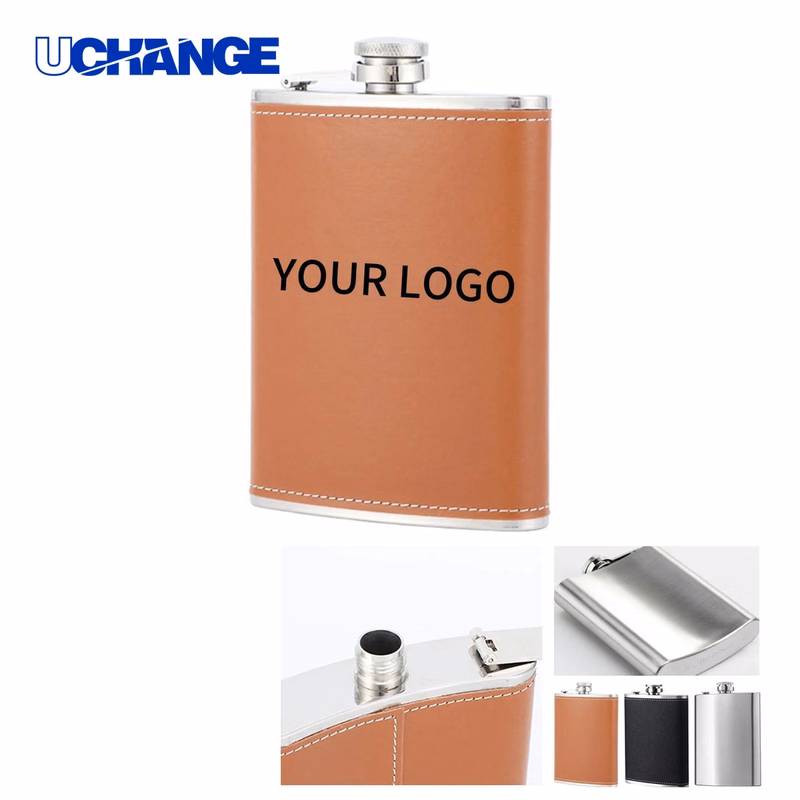 Classic Leather and Steel Pocket Flask Bottle 8oz