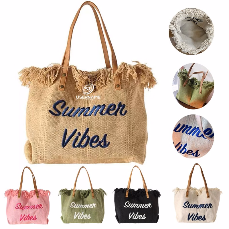 Cotton Canvas Linen Tote Bag Fringe Tote Bag with Tassel