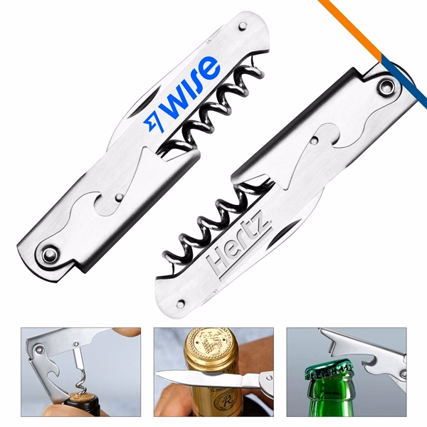 Custom 3-in-1 Stainless Steel Wine Opener Corkscrew — Premium Barware Gift
