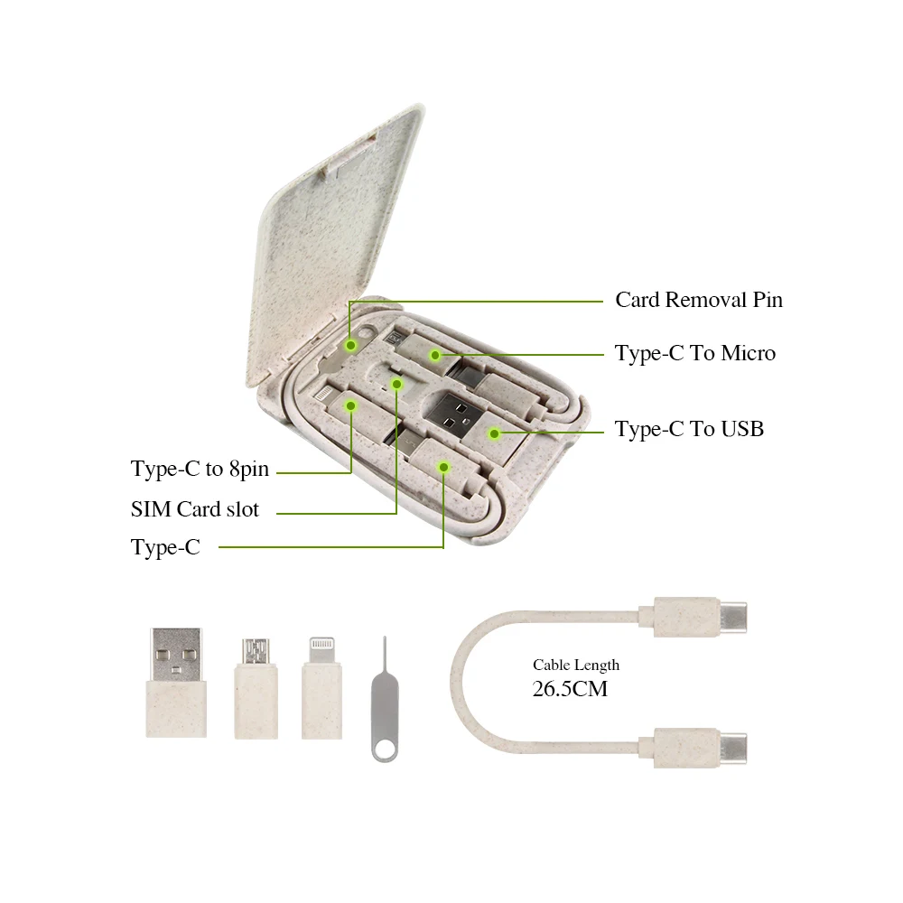 Eco-Friendly 6-in-1 Charging Cable Kit Wheat Straw 1