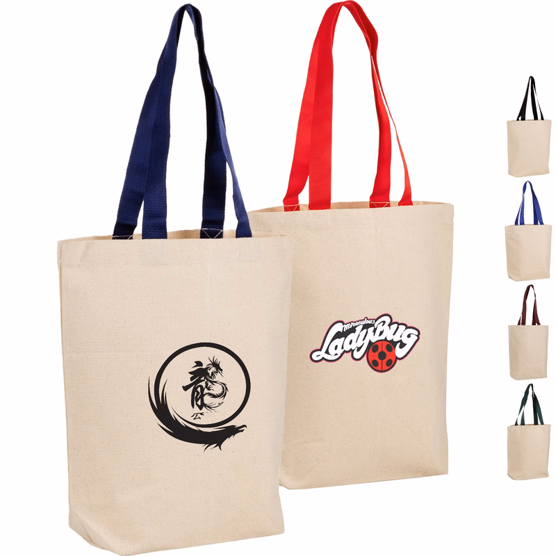 CLASSIC COTTON CANVAS TOTE BAG  W/ GUSSET & COLORED HANDLES USA Decorated (15" X 16" X 4")