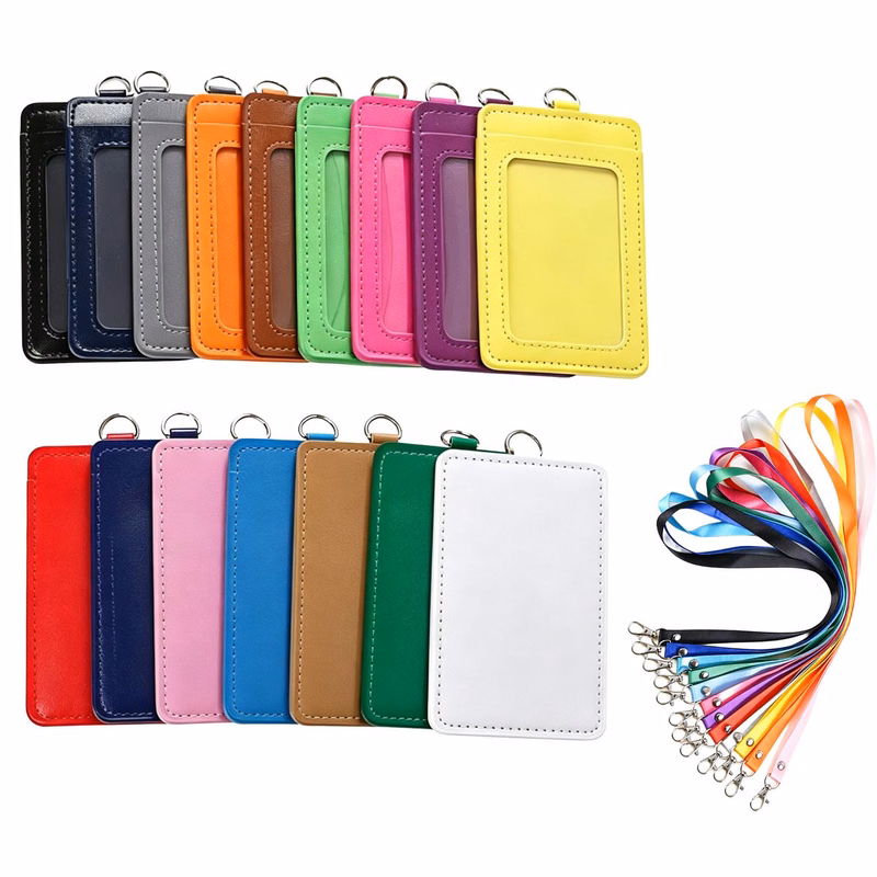 PU Leather Vertical ID Badge Holder With Lanyard Set