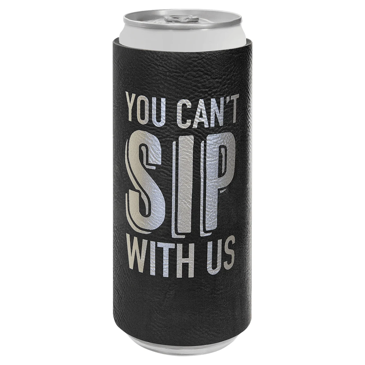 Black/Silver Leatherette Slim Beverage Holder, custom koozie with logo imprint 1