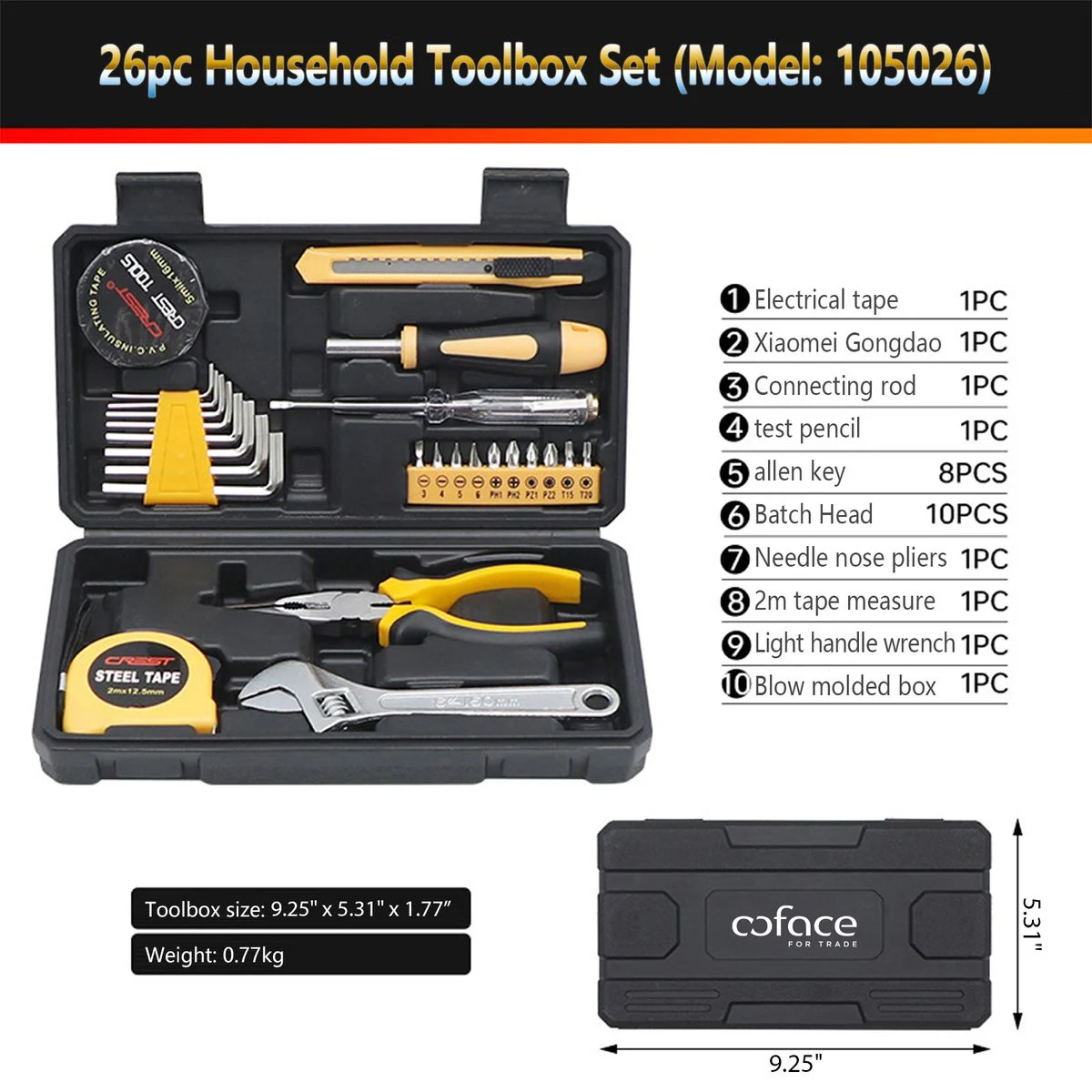 HandyPro 26pc Household Toolbox Set with Wrench, Electrical Tape, and Pliers 1