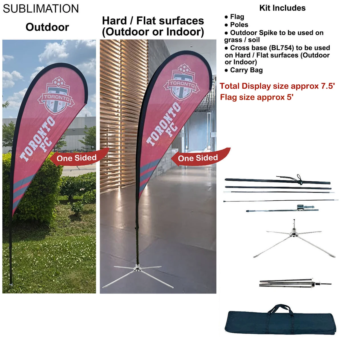 7.5' X-Small Tear Drop Flag Kit, Full Color Graphic 1 Side, Outdoor Use Spike base, Indoor Crossbase 1