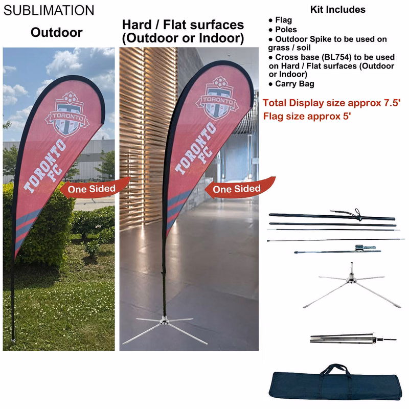 7.5' X-Small Tear Drop Flag Kit, Full Color Graphic 1 Side, Outdoor Use Spike base, Indoor Crossbase