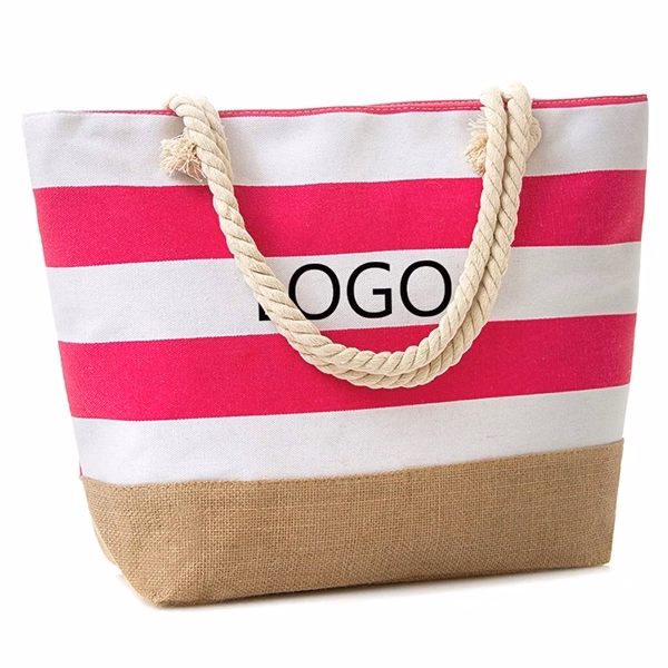 Striped beach canvas jute tote bag with rope handle