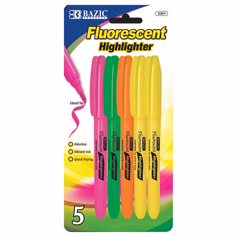 Highlighters - 5 Count Assorted Fluorescent Colors Chisel Tip