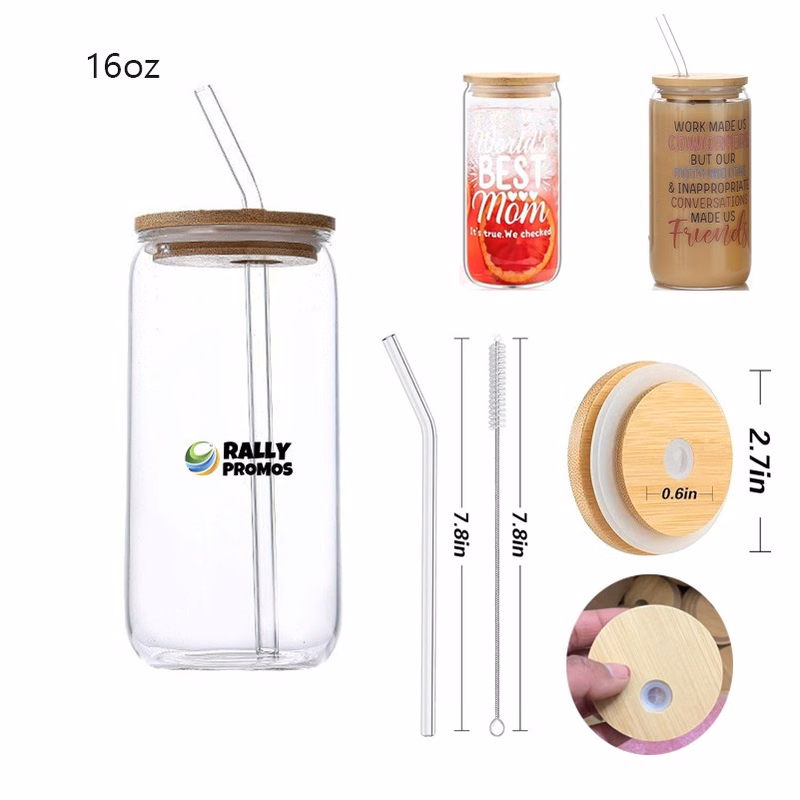 16oz Glass Cups With Bamboo Lid And Glass Straw