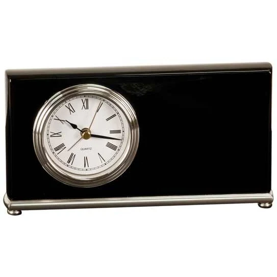 7 1/2" x 4" Black/Silver Piano Finish Horizontal Desk Clock 1