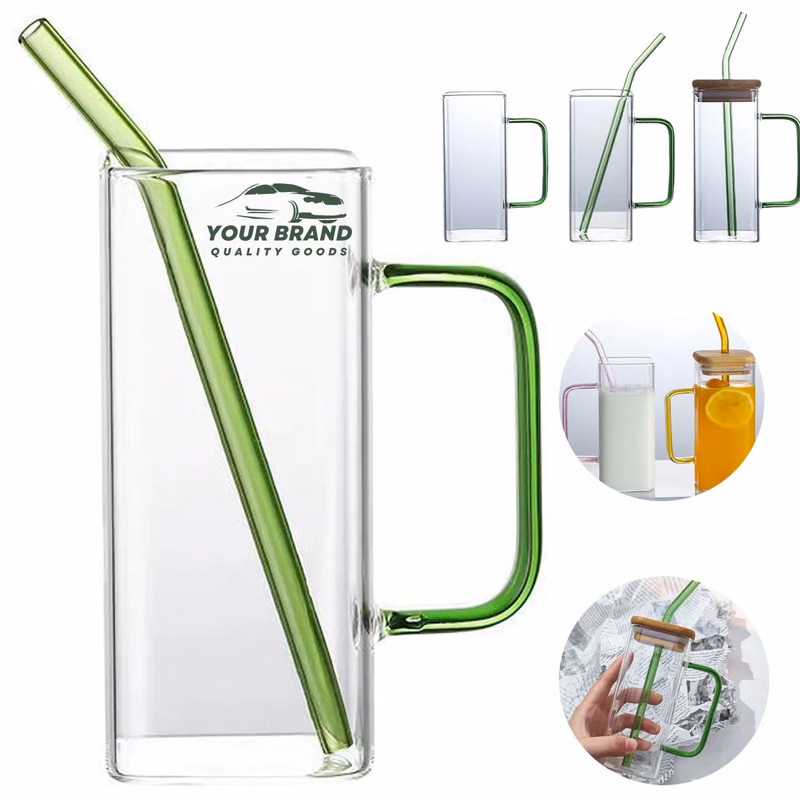 13.5OZ.Water Beverage Clear Glass Cups Pot w/Straw&Lid