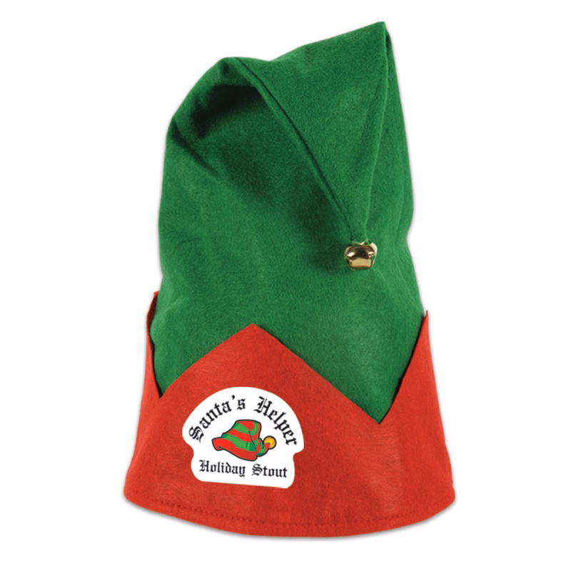 Green Felt Elf Hat w/ Red Trim and Bell w/ Custom Shaped Heat Transfer