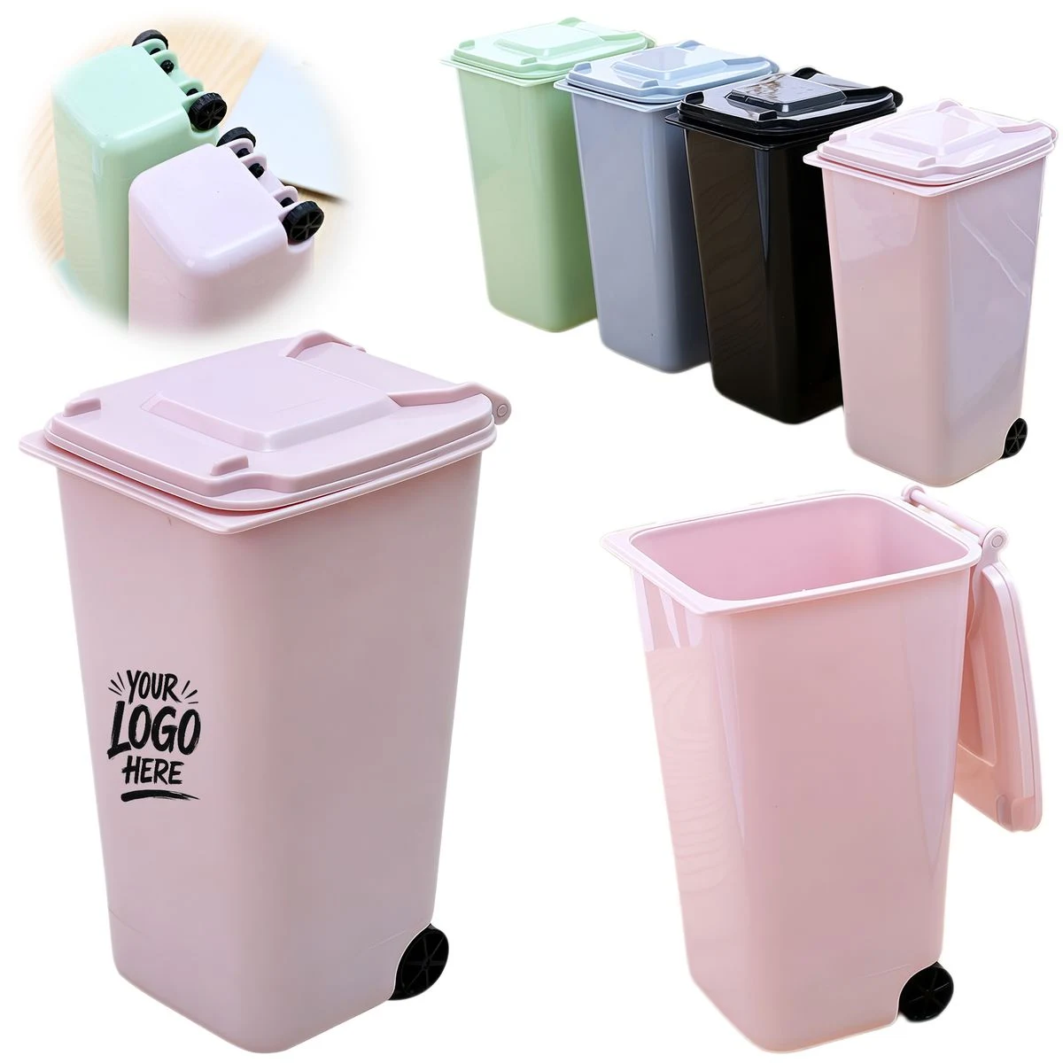 Mini Desktop Trash Bin with Rotating Lid Pen Organizer 1