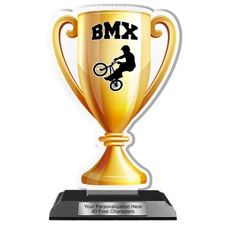 Acrylic Trophy: 6" Cup, BMX Design, 3x5" Bla 1