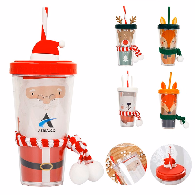 12oz Double Plastic Bottle With Straw For Christmas