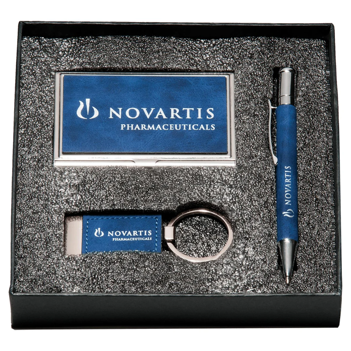 Blue Marbleized Leather Gift Set/Pen, Keychain, Business Card Holder 1