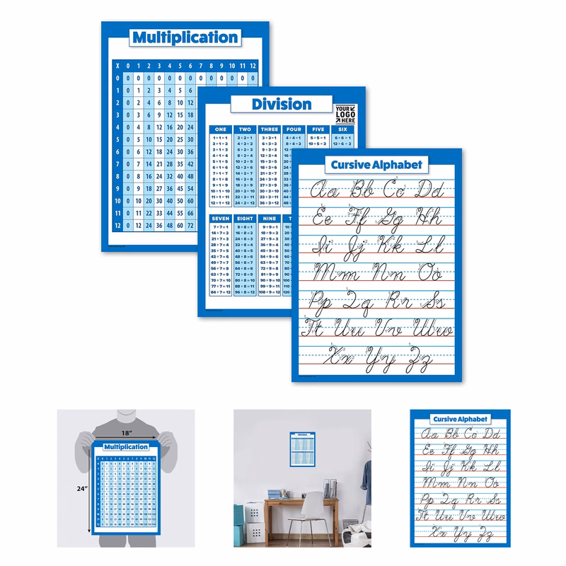 18" x 24" 3 Pack Multiplication Table Poster, Division and Cursive ABC Alphabet Chart
