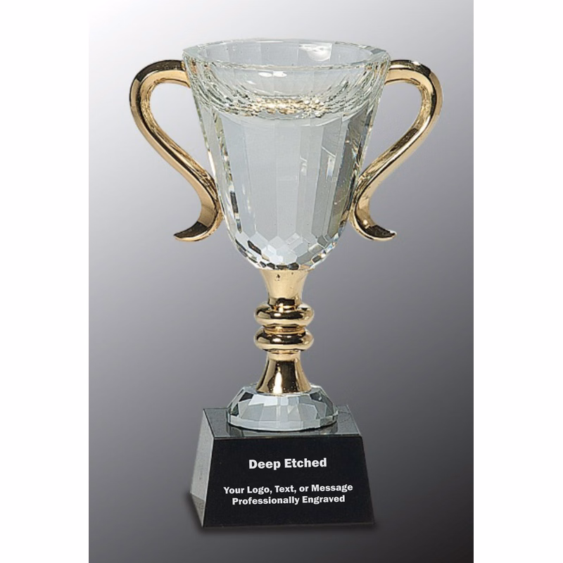 7 1/4" Crystal Cup with Gold Handles and Stem Crystal Award